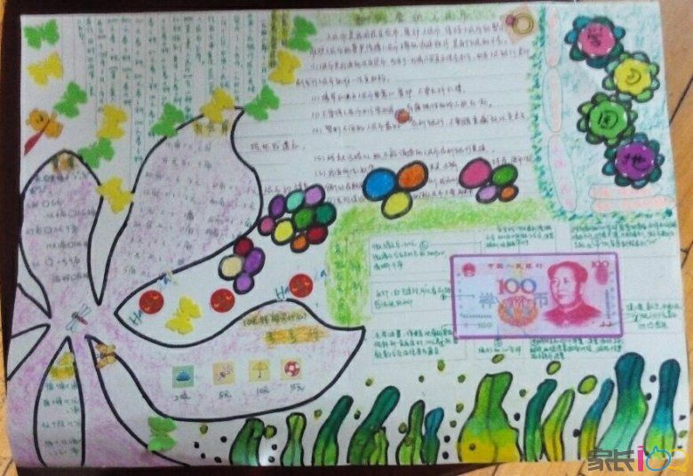 寒假,一年级数学作业老师要求做一张主题为认识人民币的数学手抄报。具体要求如下: (1)题目自拟。 (2)认识各种面值的人民币,从壹分、贰分、伍分到壹佰圆;知道人民币的发展史。 大年三十,一边看春晚,一边和衎衎讨论、策划,合力打造,一份手抄报完成了。满满地成就感。